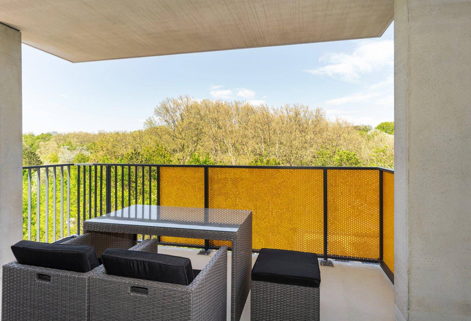 Möblierter Balkon mit Sitzgelegenheiten und weitem Blick auf die umliegende Natur.