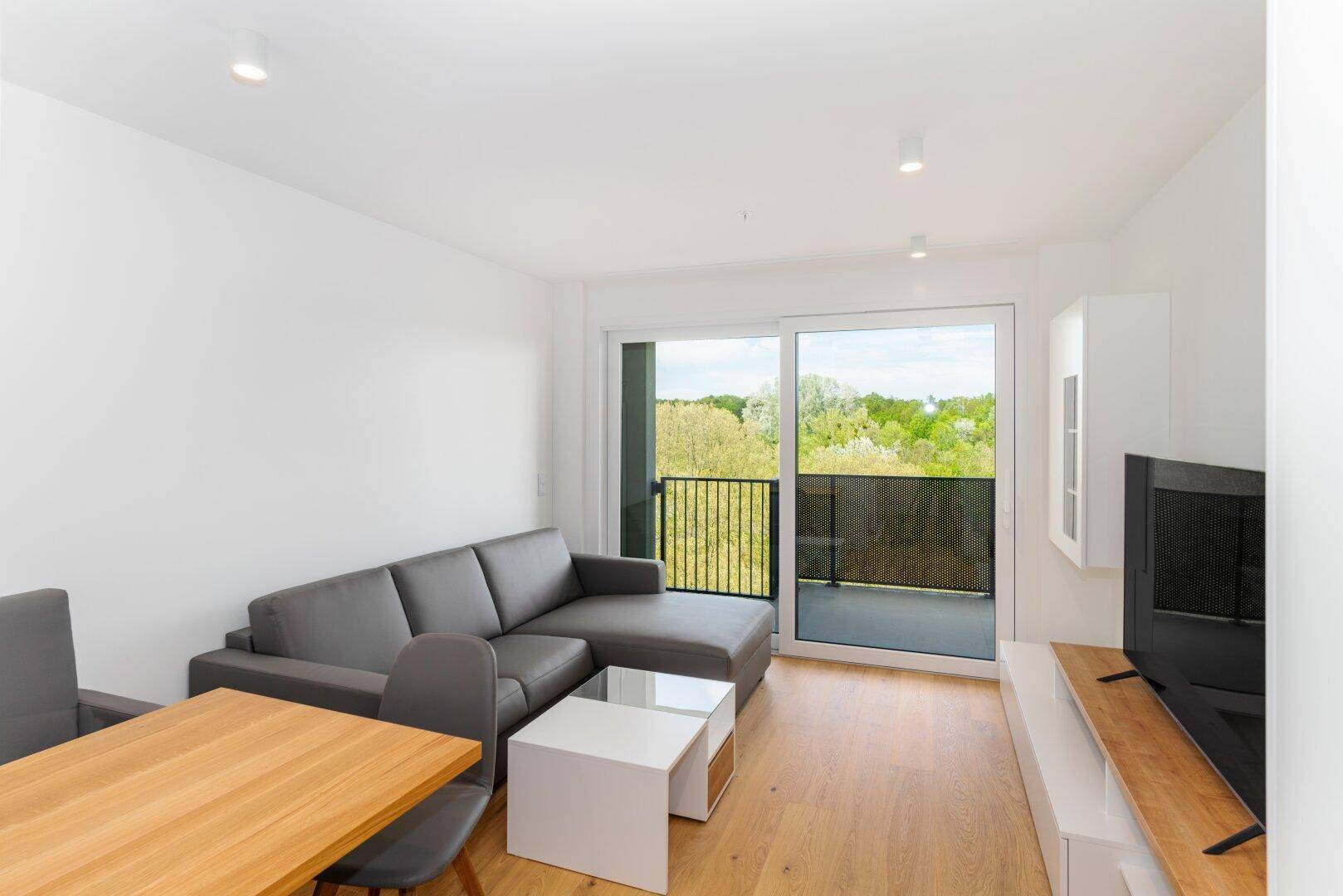 Offener Wohnbereich mit Sofa, Esstisch und Zugang zum sonnigen Balkon.