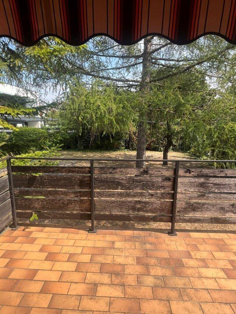 Blick von der Terrasse ins Grüne mit hohen Bäumen und viel Privatsphäre.