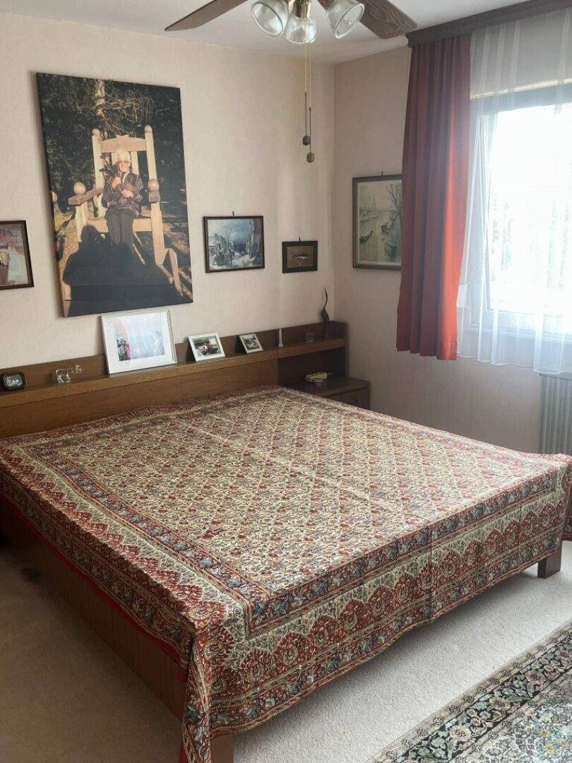 Schlafzimmer mit großem Bett, Teppichboden und Deckenventilator.