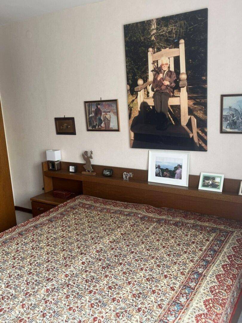 Schlafzimmer mit großem Bett, Teppichboden und Deckenventilator.