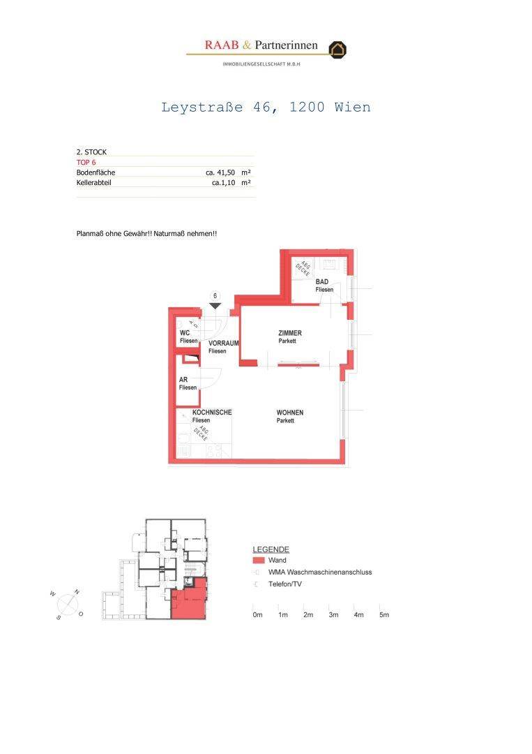 Grundriss der Wohnung im 2. Stock mit Wohnzimmer, Schlafzimmer und separatem WC.