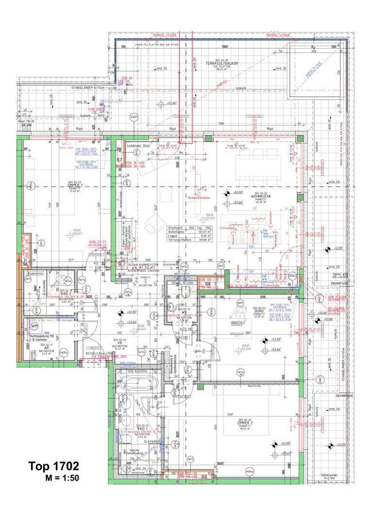 Detaillierter Grundriss einer Wohnung mit mehreren Zimmern und Zugang zu einer Terrasse oder einem Balkon.