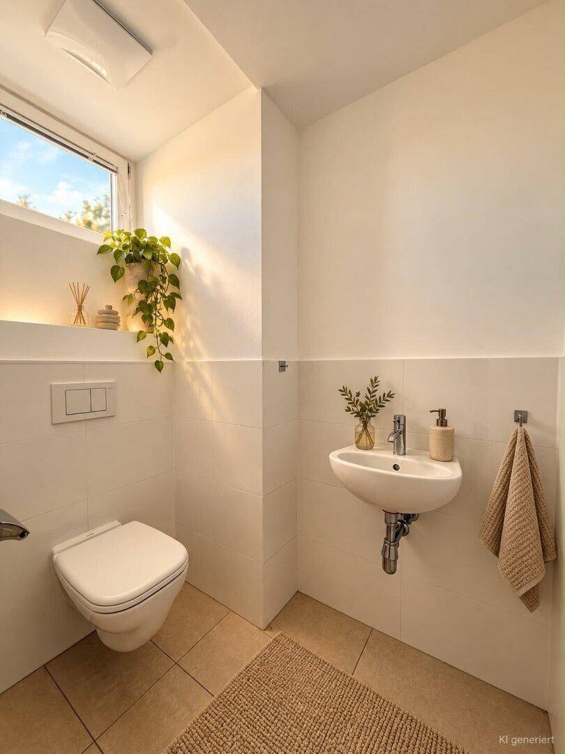 Helles WC mit Wand-WC, kleinem Waschbecken und Fenster für natürliche Belüftung.