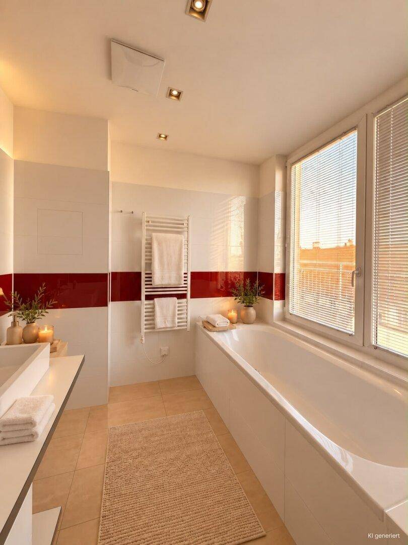 Gemütliches Badezimmer mit Badewanne, Waschbecken und Fenster, dekoriert mit Pflanzen und Kerzen.
