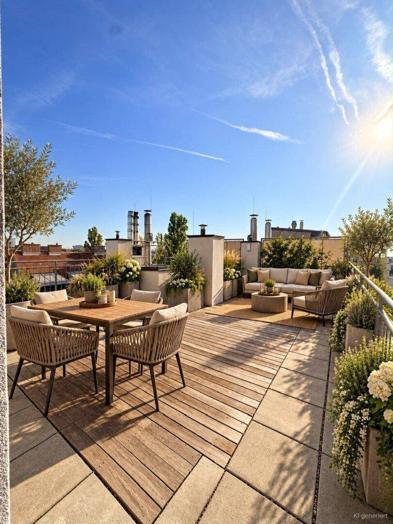 Großzügige Dachterrasse mit Holz- und Steinboden, bequemen Sitzgelegenheiten und Stadtblick.