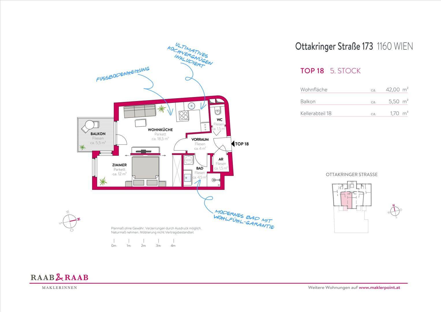 Grundriss der Wohnung Top 18 im 5. Stock mit Wohnküche, Zimmer und Balkon.