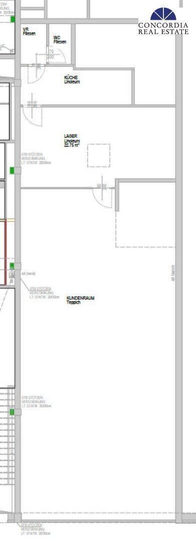 Grundriss einer Gewerbefläche mit Küche, Lagerraum und weiteren Räumen, detailliert dargestellt.