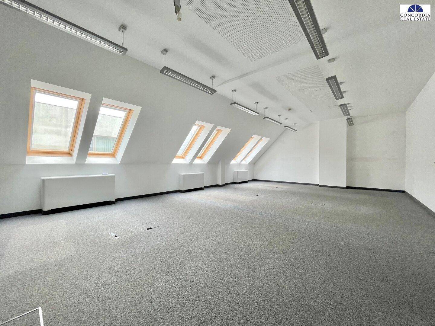 Leerer Büroraum im Dachgeschoss mit Teppichboden, Dachschrägen und mehreren Dachfenstern.