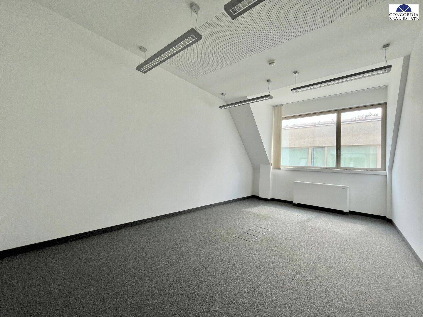 Heller Büroraum mit Teppichboden, Dachschräge und einem Fenster mit Blick nach draußen.