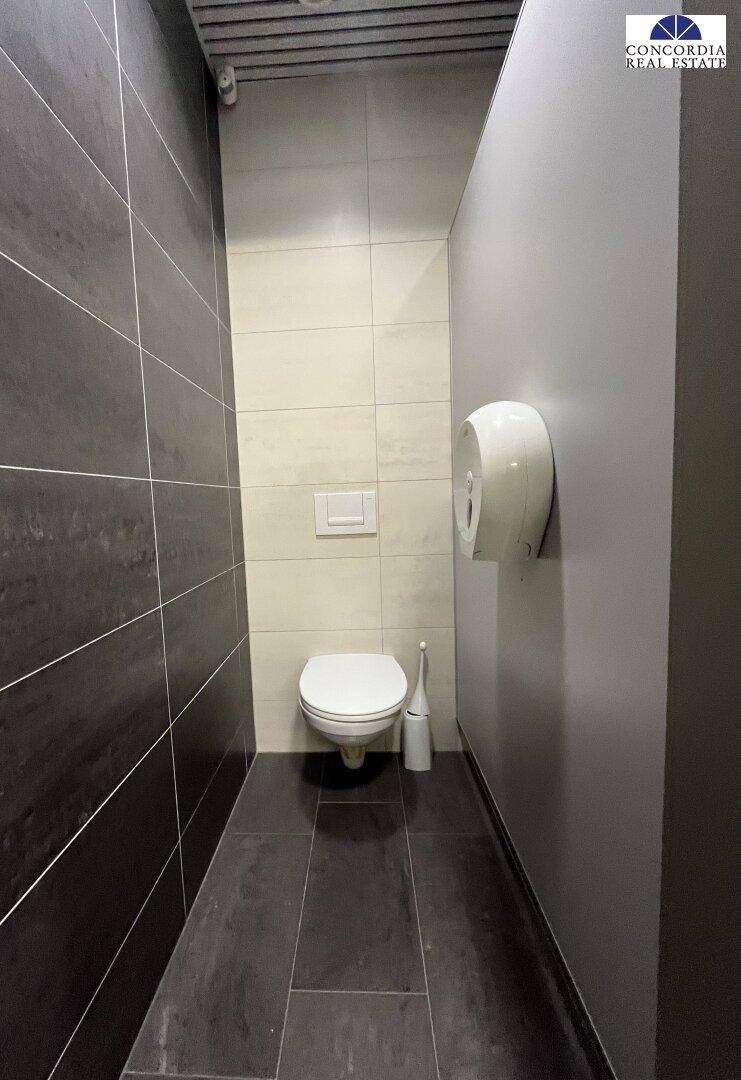 Moderne Toilette mit dunklen und hellen Fliesen, sowie einer Wand-WC-Anlage.