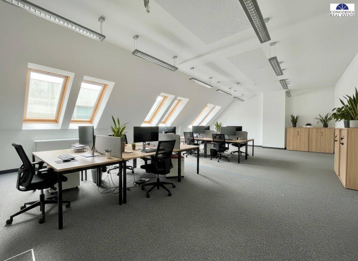 Helles Großraumbüro mit Dachschrägen, Dachfenstern und modernen Arbeitsplätzen.