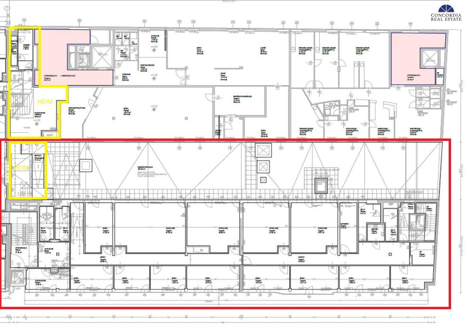 Detaillierter Grundriss mit hervorgehobenen Bereichen und Raumaufteilung.
