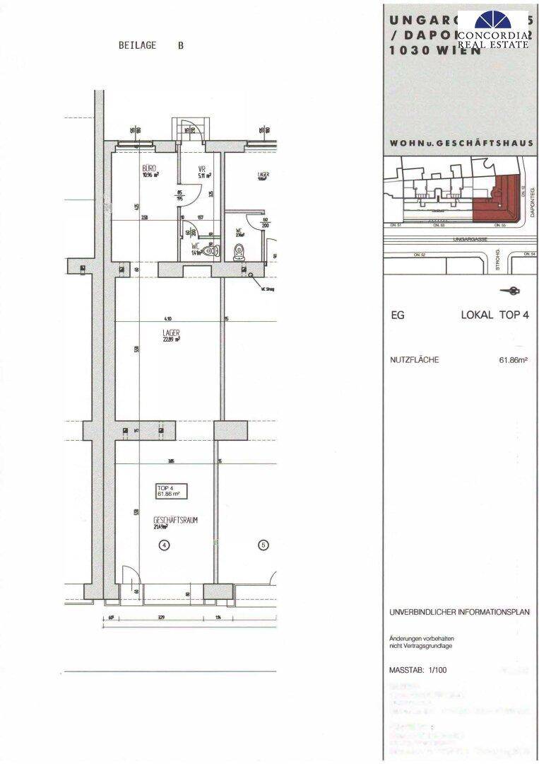 Grundriss eines Geschäftslokals im Erdgeschoss mit offenem Bereich, Lager und zwei Toiletten.