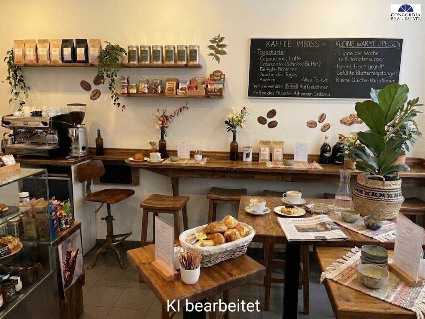 Gemütlicher Café-Bereich mit Holztischen, Barhockern und einer Kaffeemaschine, ideal für kleine Speisen.