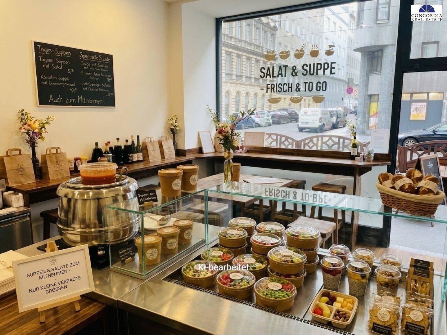 Heller Verkaufsraum mit großer Fensterfront, Theke und Sitzgelegenheiten, ideal für ein Bistro oder Café.