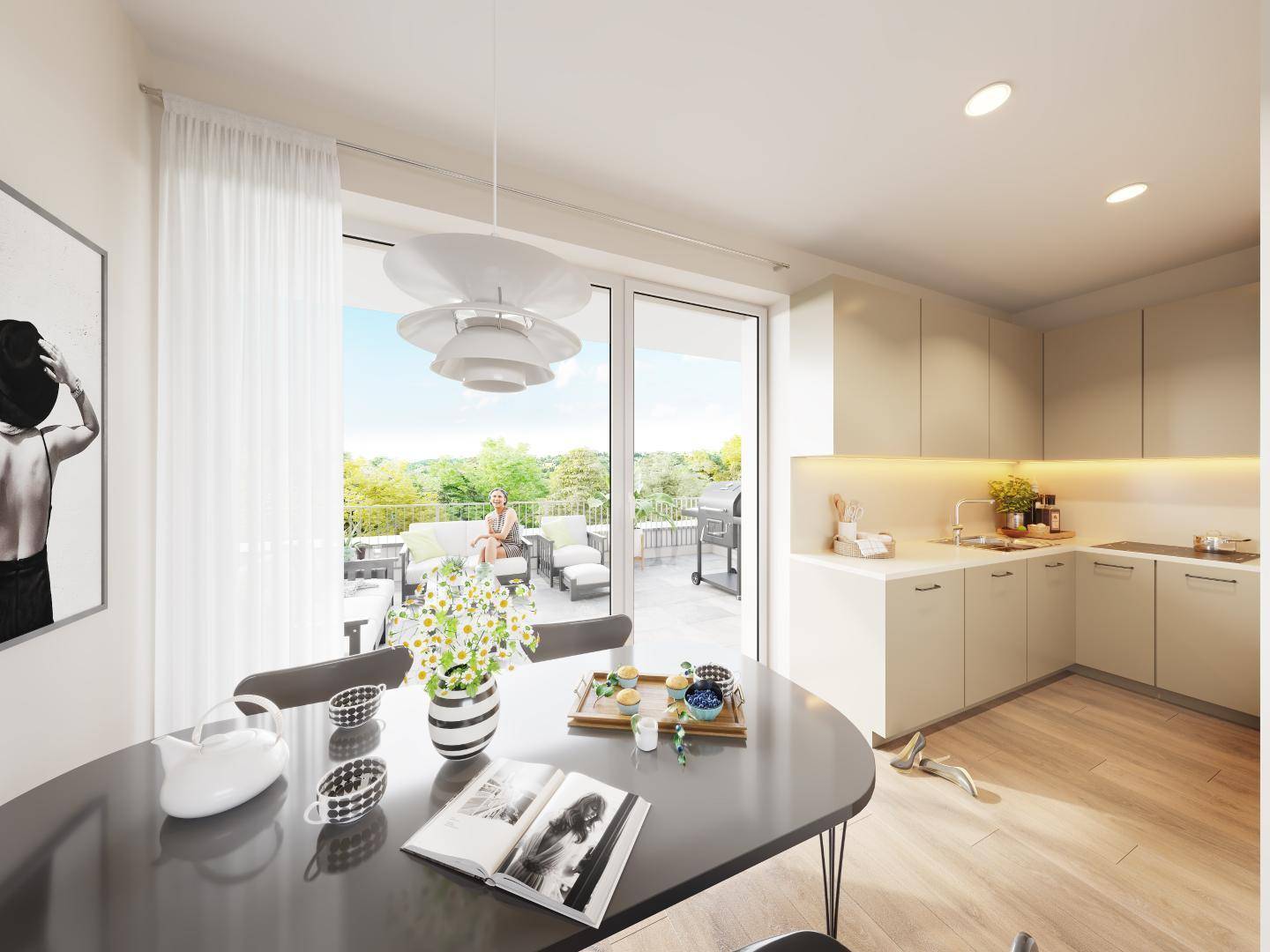 Helle Küche mit Essbereich, modernen Einbauschränken und direktem Zugang zu einer großen Terrasse.