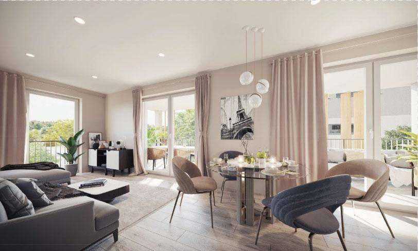 Heller, offener Wohn-Essbereich mit modernem Design, großen Fenstern und Zugang zu einem Balkon.