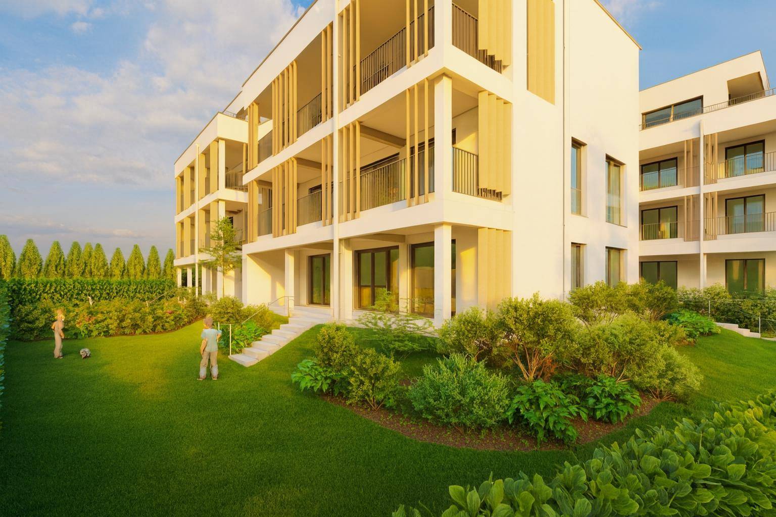 Moderner Neubau mit weitläufigem Garten und gepflegten Grünflächen, ideal für Familien und Kinder.