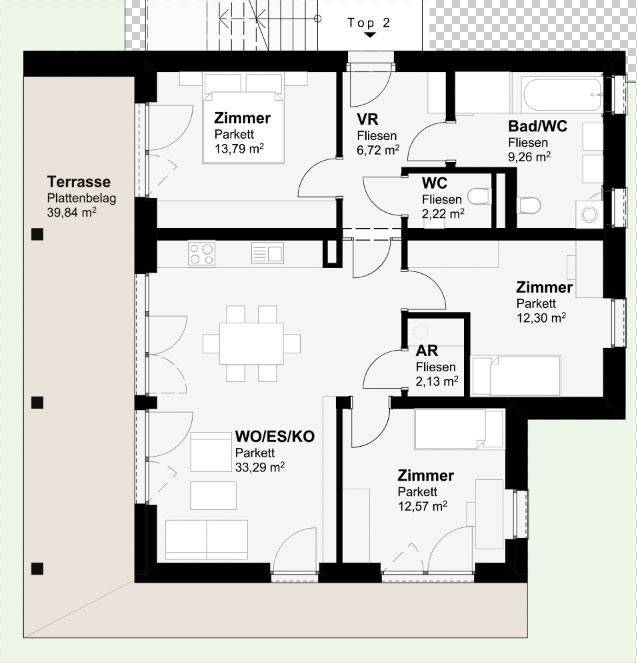 Detaillierter Grundriss einer Wohnung mit drei Zimmern, Bad, WC und einer großen Terrasse von 39,84 m².