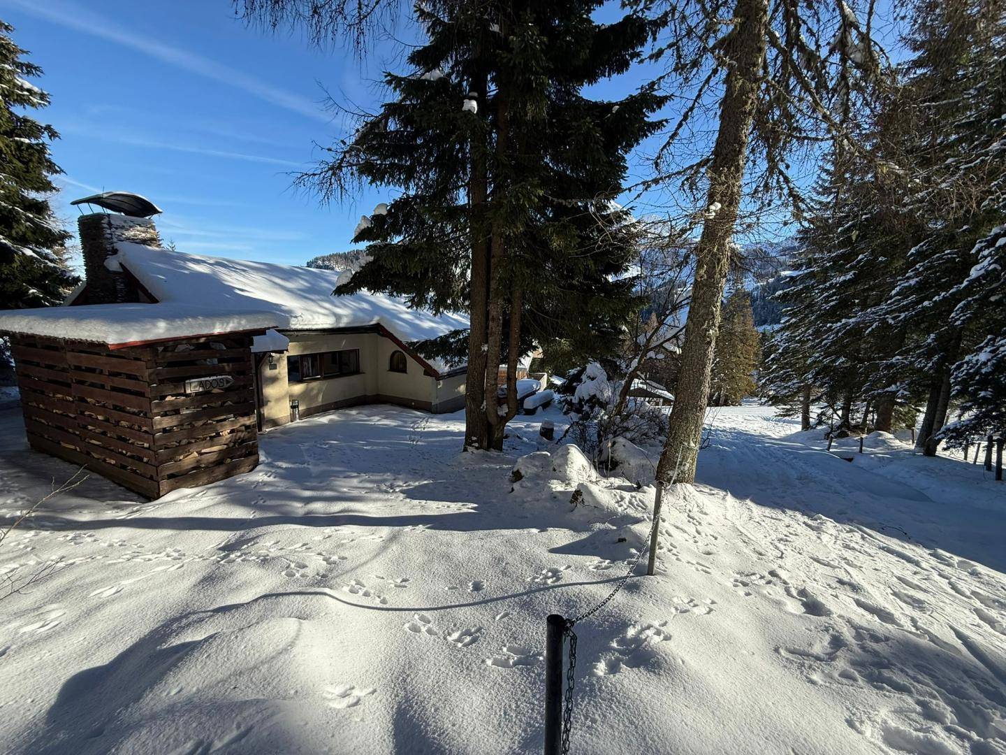 Verschneites Haus in alpiner Umgebung mit Holzlager und hohen Nadelbäumen unter blauem Himmel.