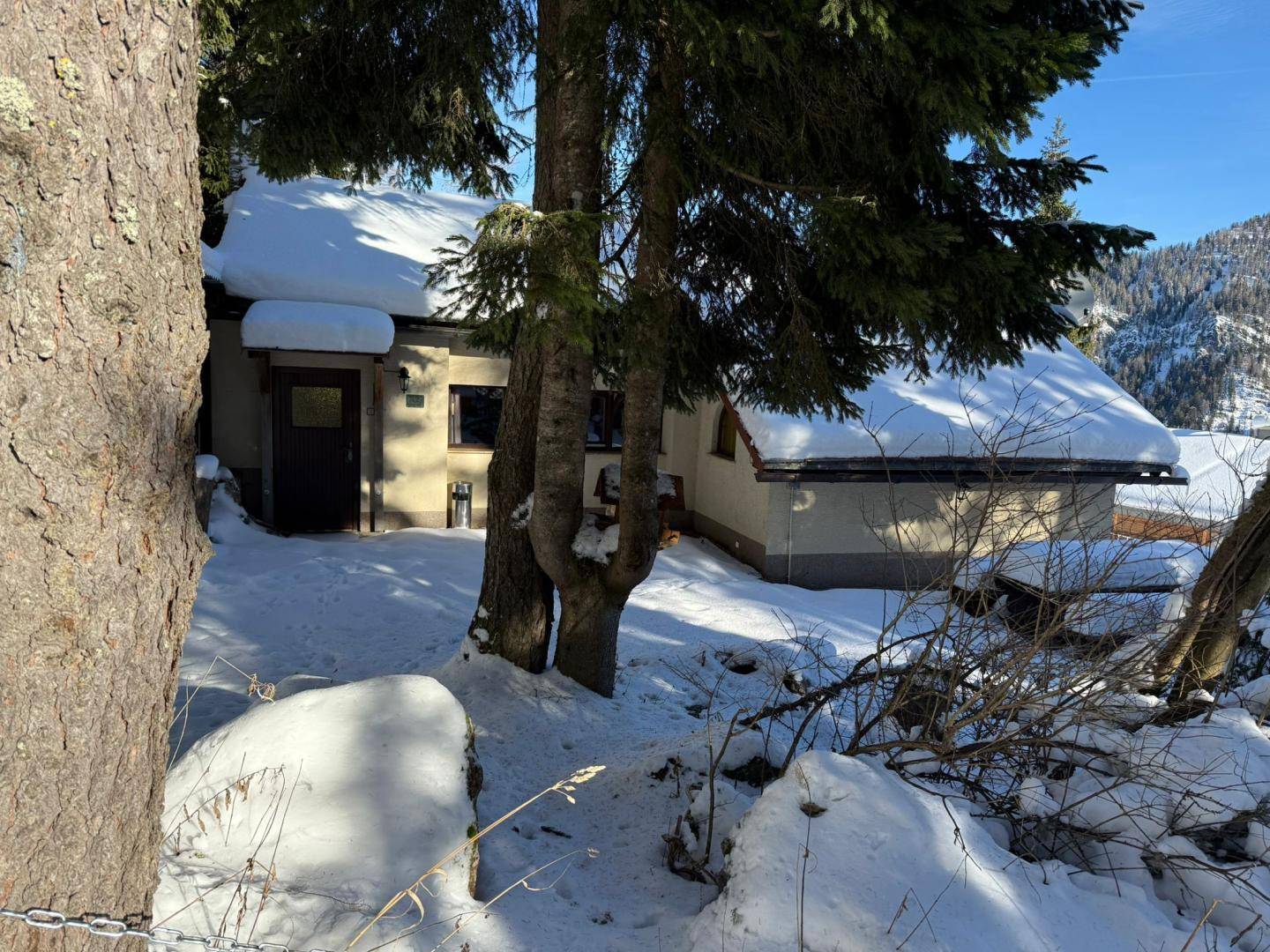 Eingangsbereich eines Hauses im Schnee, umgeben von Bäumen und einem Holzlager.