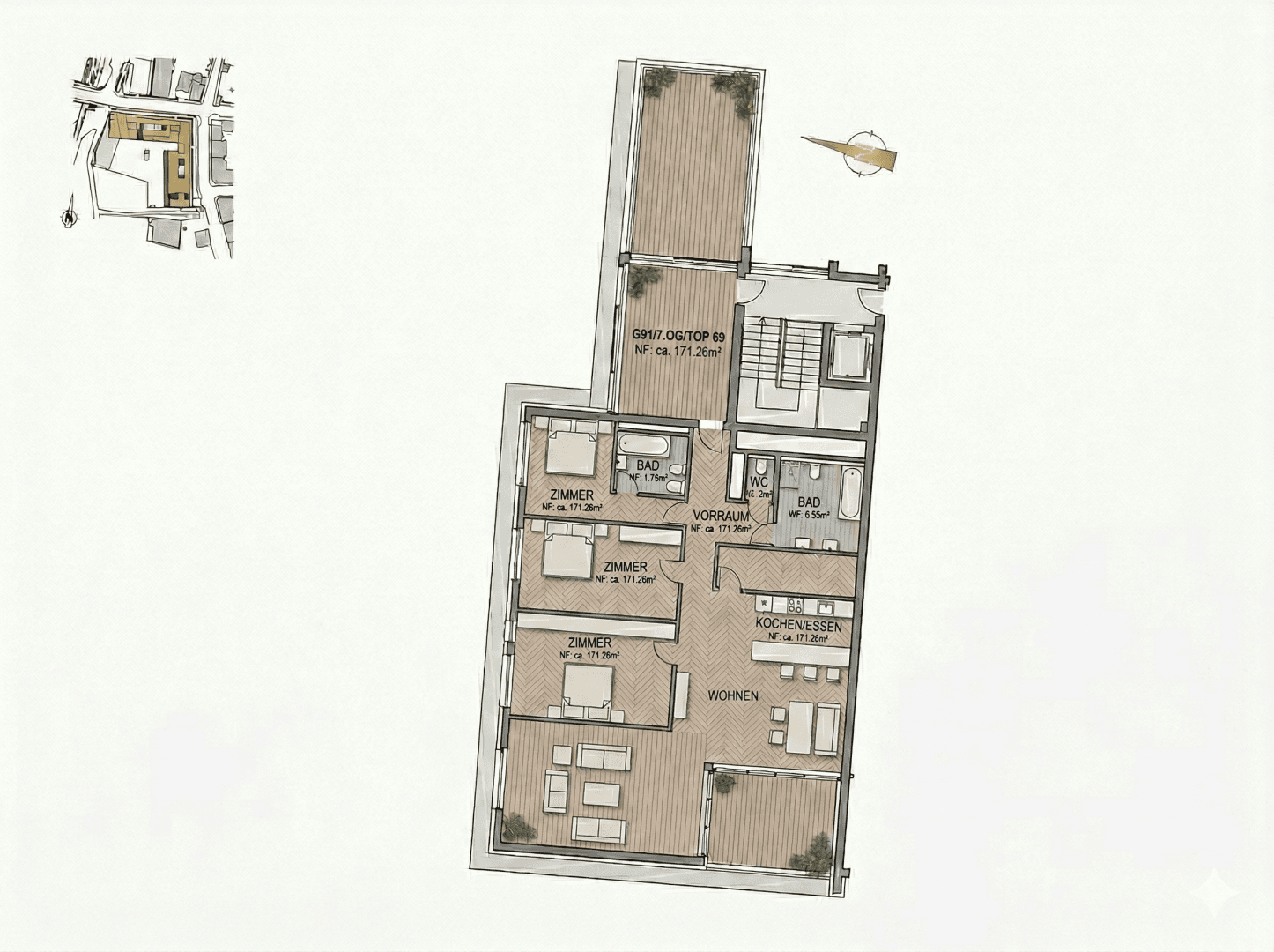Grundriss der Dachgeschosswohnung mit drei Zimmern, Bad und großzügiger Terrasse.