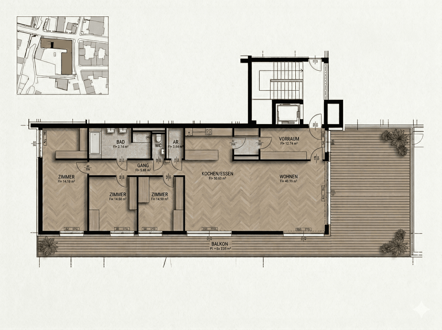 Detaillierter Grundriss mit Wohn-, Ess- und Schlafbereichen sowie großem Balkon.