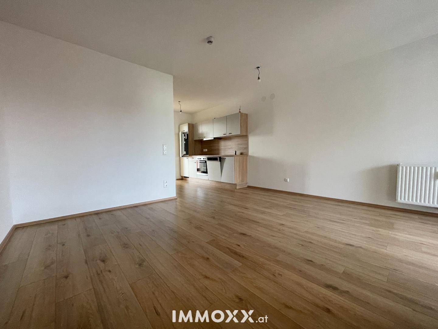 Offener Wohnbereich mit integrierter moderner Küchenzeile und hochwertigem Holzboden.