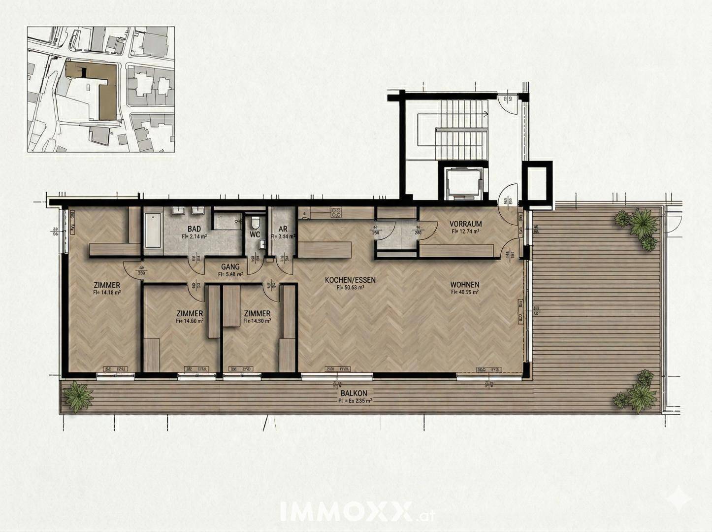 Detaillierter Grundriss einer Wohnung mit drei Zimmern, Balkon und offenem Wohnbereich.
