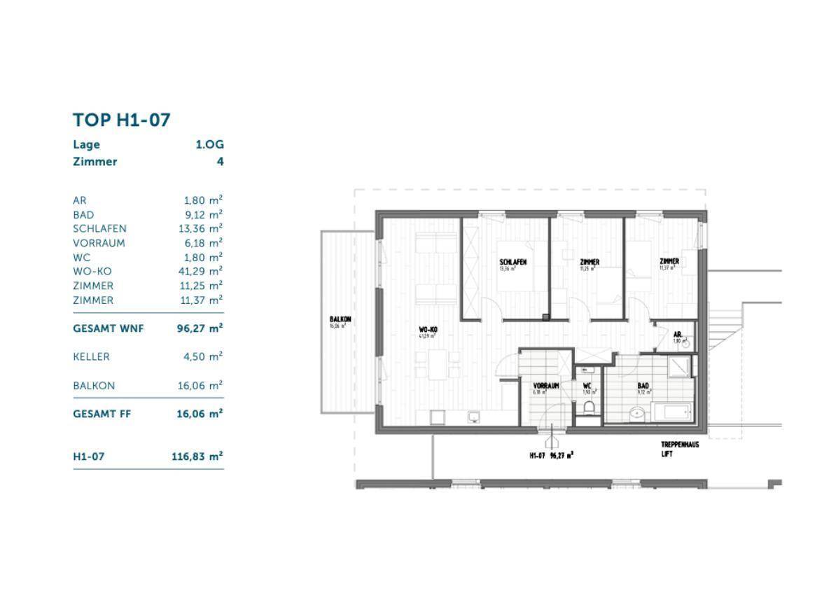 Grundriss der Wohnung TOP H1-07 mit vier Zimmern, offenem Wohn-Kochbereich und Balkon.