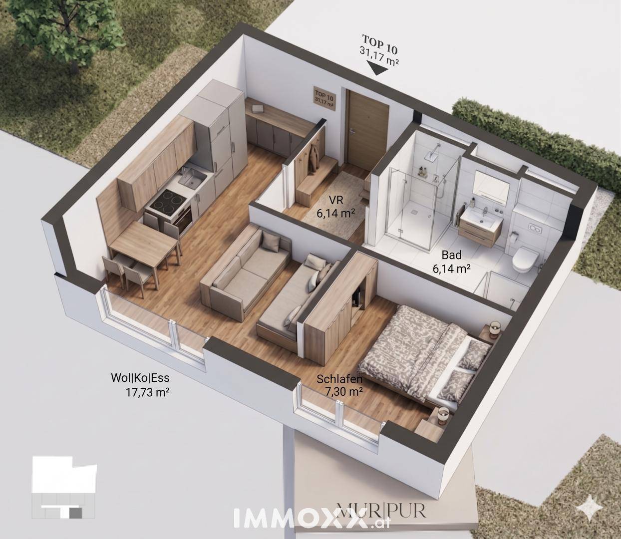 3D-Grundriss einer modernen Wohnung mit offenem Wohnbereich, Schlafzimmer und Bad.
