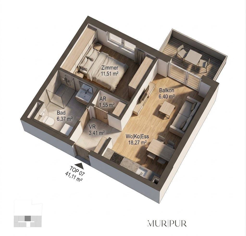 3D-Grundriss einer Wohnung mit Schlafzimmer, Bad, Wohn-Koch-Essbereich und Balkon.