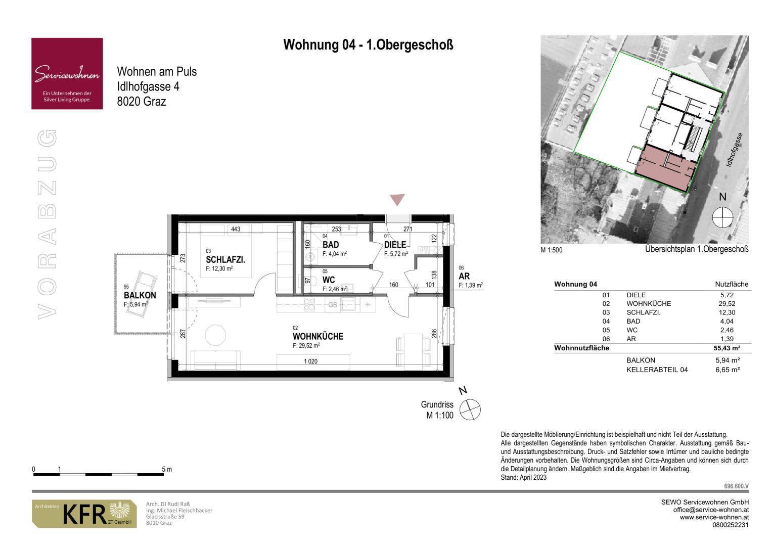 Grundriss der Wohnung 04 im ersten Obergeschoss mit Balkon und offener Wohnküche.