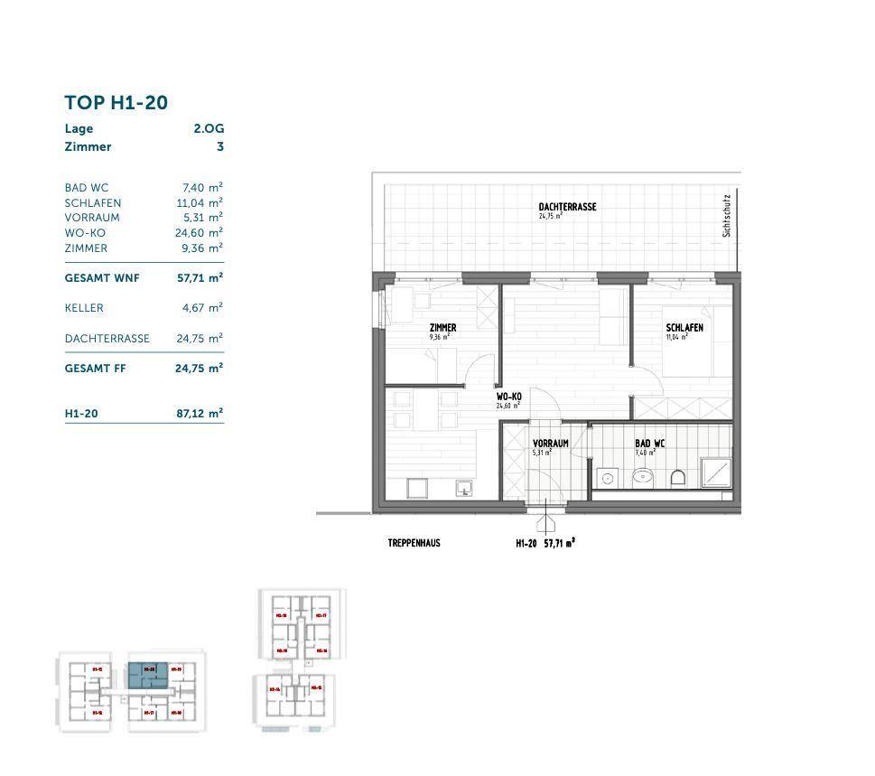 Grundrissplan einer Wohnung mit Dachterrasse, Schlafzimmer, Bad und offenem Wohn-Kochbereich.