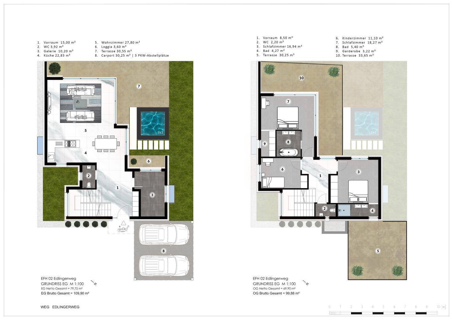Grundrisse des Erd- und Obergeschosses von Haus H2 mit Wohnbereich, Schlafzimmern und Pool.