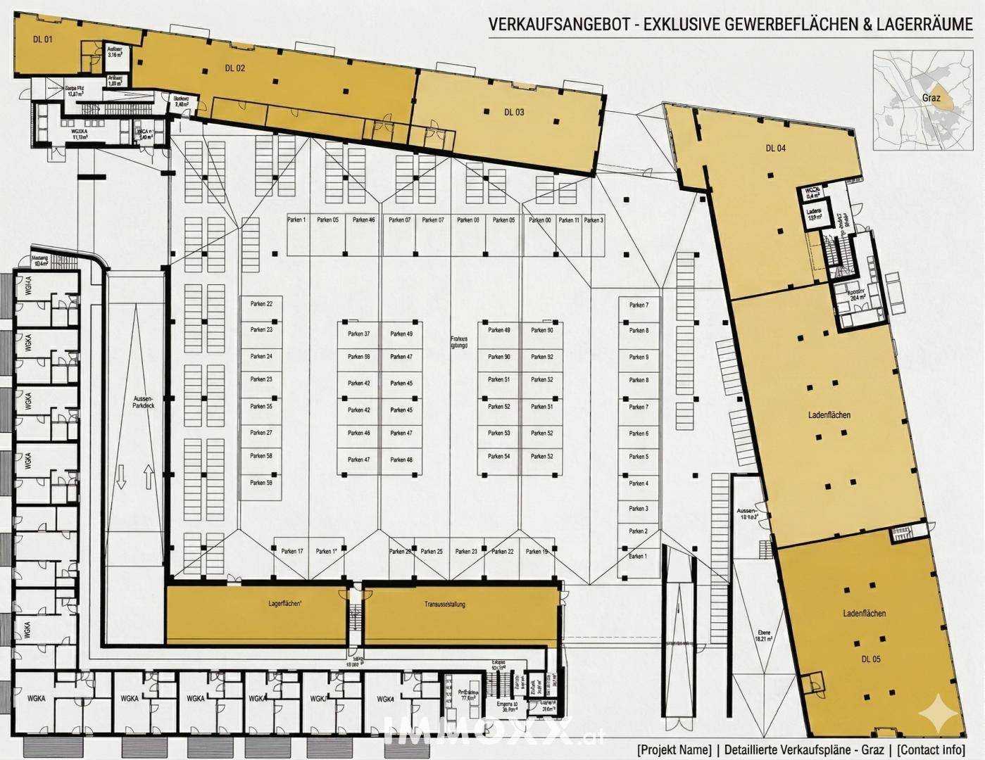 Grundrissplan mit exklusiven Gewerbeflächen, Lagerbereichen und zahlreichen Parkplätzen im Untergeschoss.