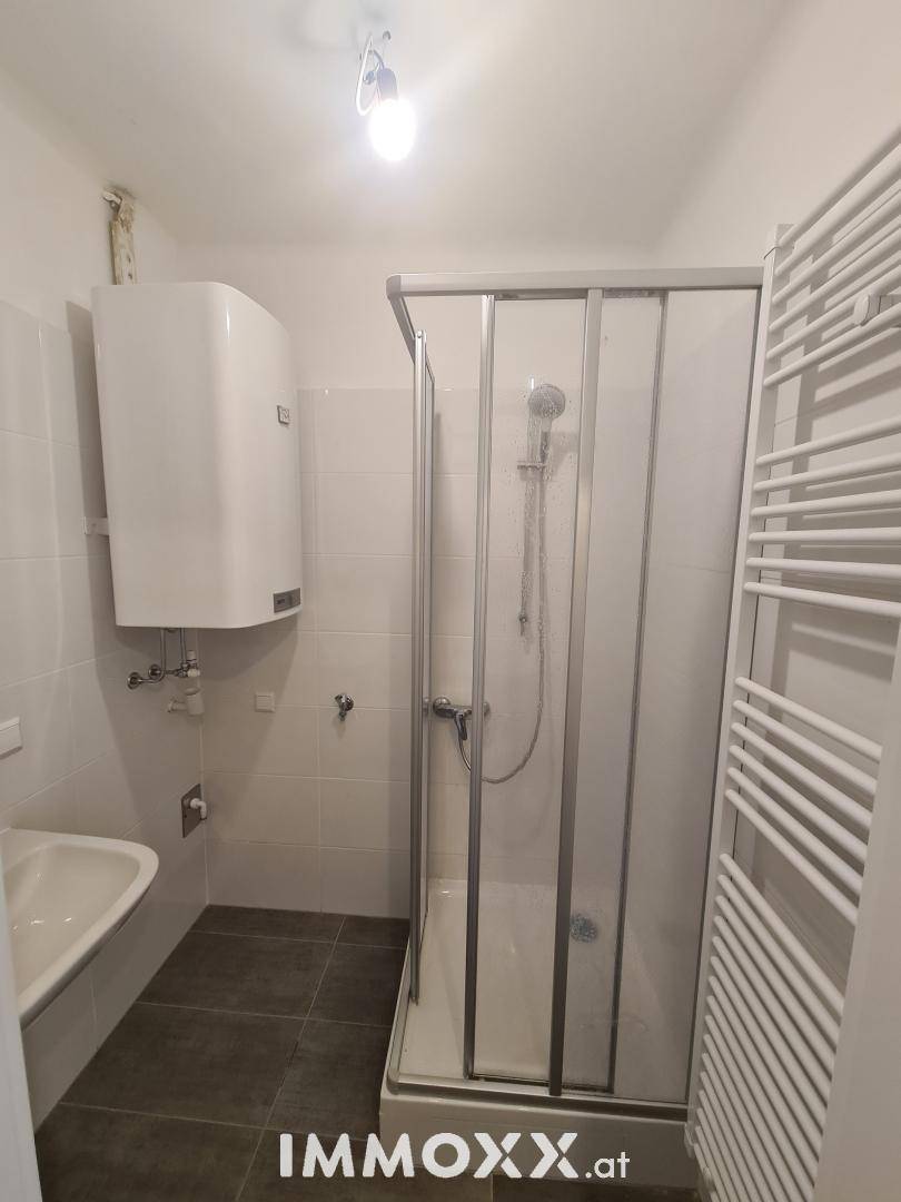 Funktionales Badezimmer mit Duschkabine, Waschbecken und beheiztem Handtuchhalter.
