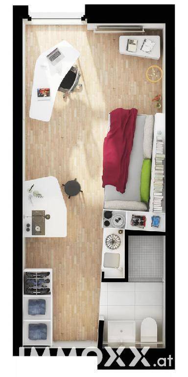 Grundriss eines Studio-Apartments mit Schlaf-, Wohn- und Küchenbereich sowie Badezimmer.