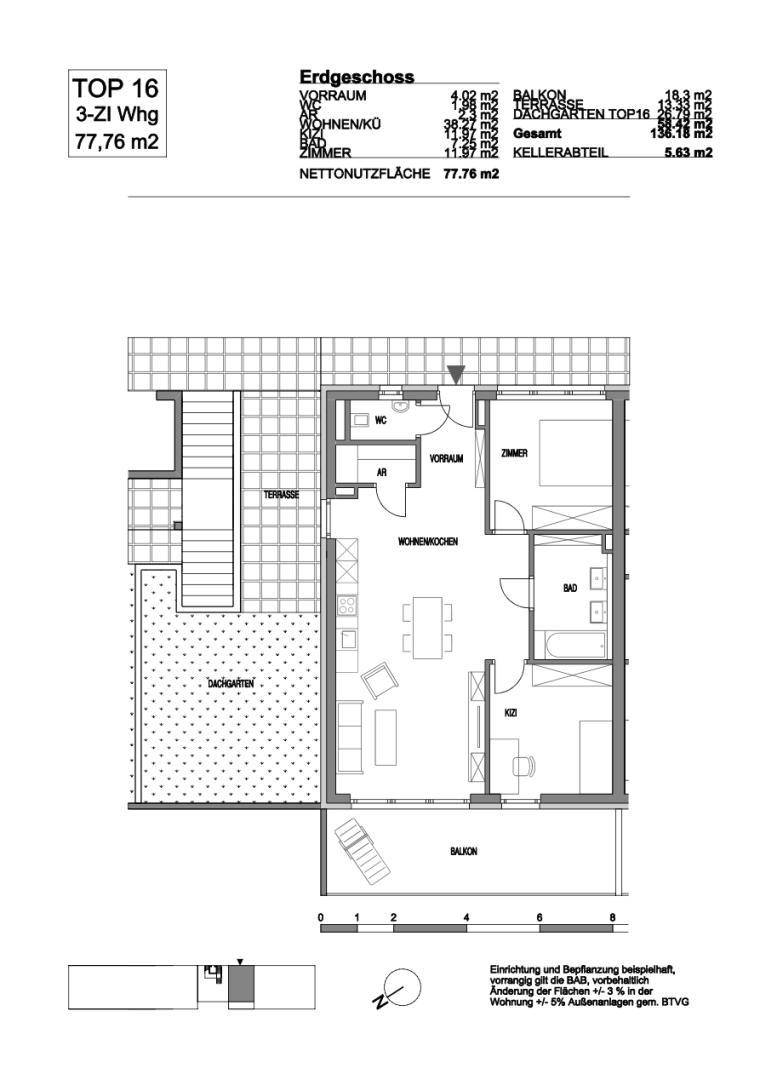Grundriss der Wohnung TOP 16 mit offenem Wohnbereich, Dachgarten und Balkon.