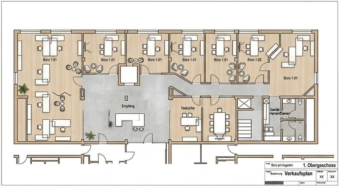 Grundriss des ersten Obergeschosses mit Büros, Empfangsbereich und Teeküche.