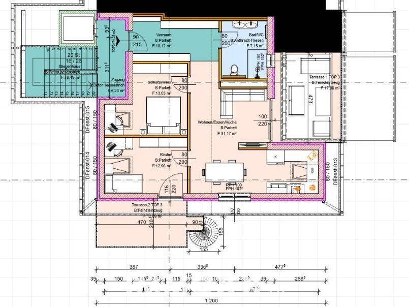 Detaillierter Grundriss mit Wohn-/Essbereich, Küche, Schlafzimmern und Terrassenzugang.