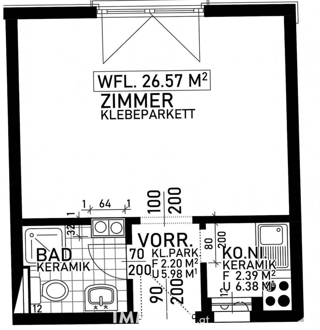 Grundriss einer Wohnung mit Zimmer, Bad und Kochnische auf 26.57 m².