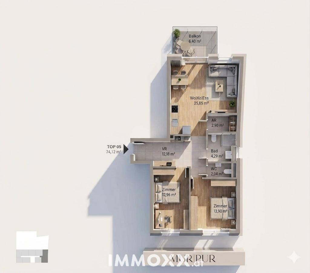 Grundriss einer Wohnung mit zwei Schlafzimmern, offenem Wohnbereich und Balkon.