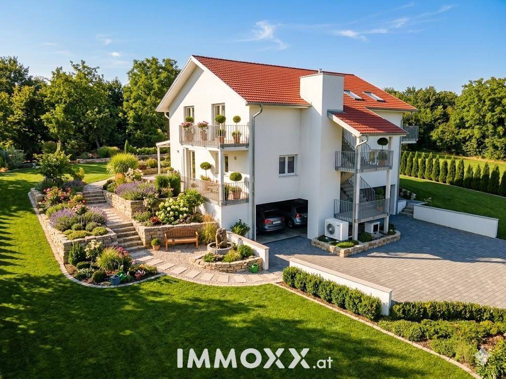 Großzügiges Anwesen mit mehrstufigem Garten, weitläufiger Auffahrt und moderner Architektur.