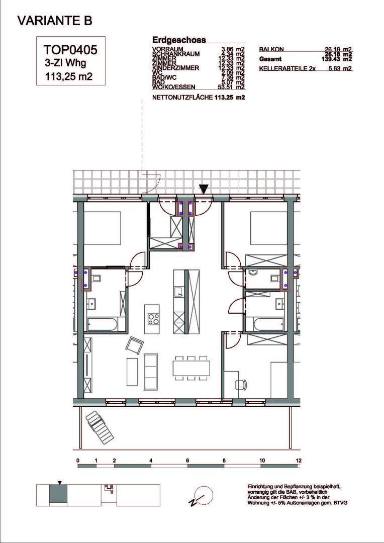 Grundriss Variante B für eine 3-Zimmer-Wohnung mit 113,25 m² und Balkon.