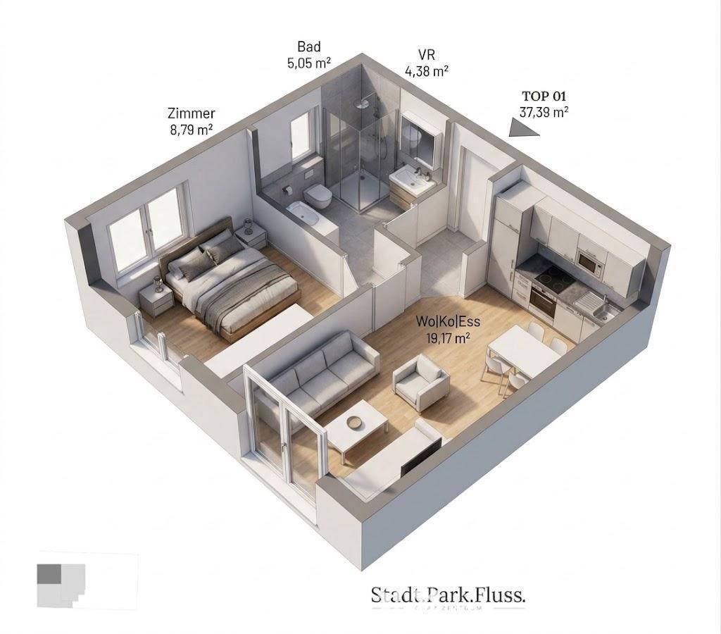 3D-Grundriss einer modernen Wohnung mit offenem Wohnbereich, Schlafzimmer und Balkon.