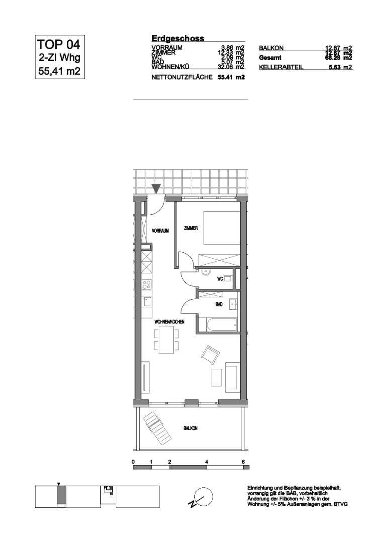 Grundriss einer 2-Zimmer-Wohnung mit offenem Wohn-Küchenbereich und Balkon.