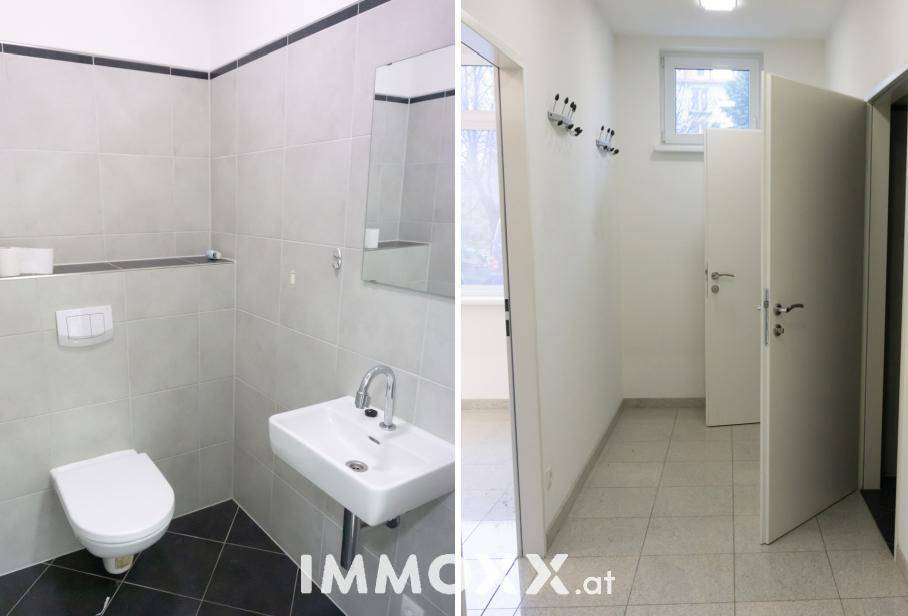 Collage zeigt eine Gästetoilette mit Wand-WC und einen hellen Flurbereich mit Fliesenboden.