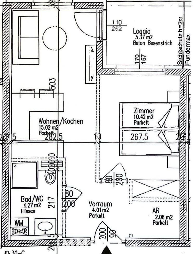 Grundriss einer Wohnung mit offenem Wohn-/Kochbereich, Schlafzimmer, Bad/WC und Loggia.